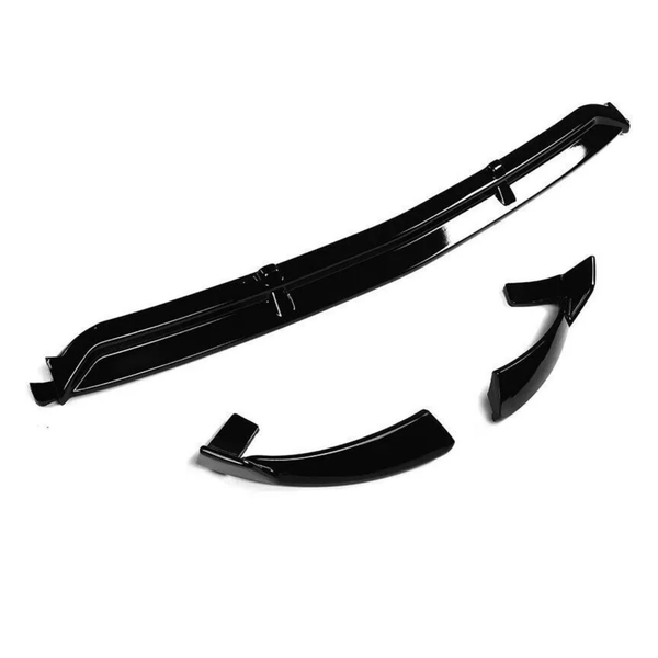 A black car spoiler and two side attachments are placed on a white background, highlighting their sleek, glossy finish and aerodynamic design.