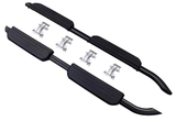 Two black vehicle side steps with corrugated surface for traction, accompanied by six silver mounting brackets, are depicted against a plain white background.
