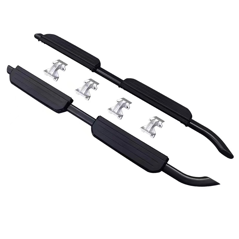 Two black vehicle side steps with corrugated surface for traction, accompanied by six silver mounting brackets, are depicted against a plain white background.