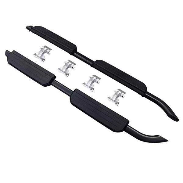 Two black vehicle side steps with corrugated surface for traction, accompanied by six silver mounting brackets, are depicted against a plain white background.