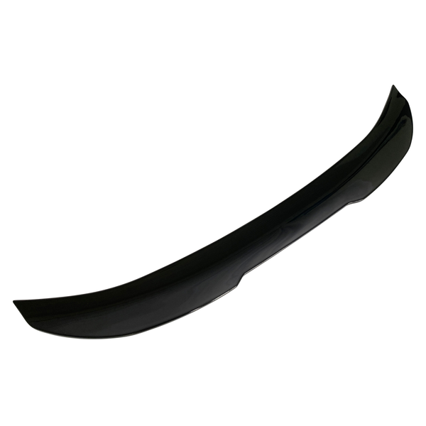 A sleek, curved black car spoiler sits angled against a white background, its shiny surface reflecting light subtly.