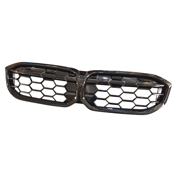 A black, dual-section car grille with a hexagonal mesh design is positioned against a plain white background.