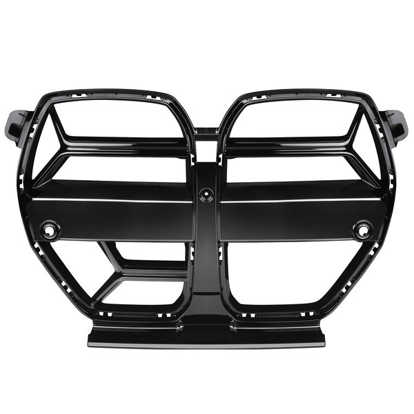 A black, symmetrical car grille, featuring a divided structure with two large hexagonal openings, is centered against a plain white background.