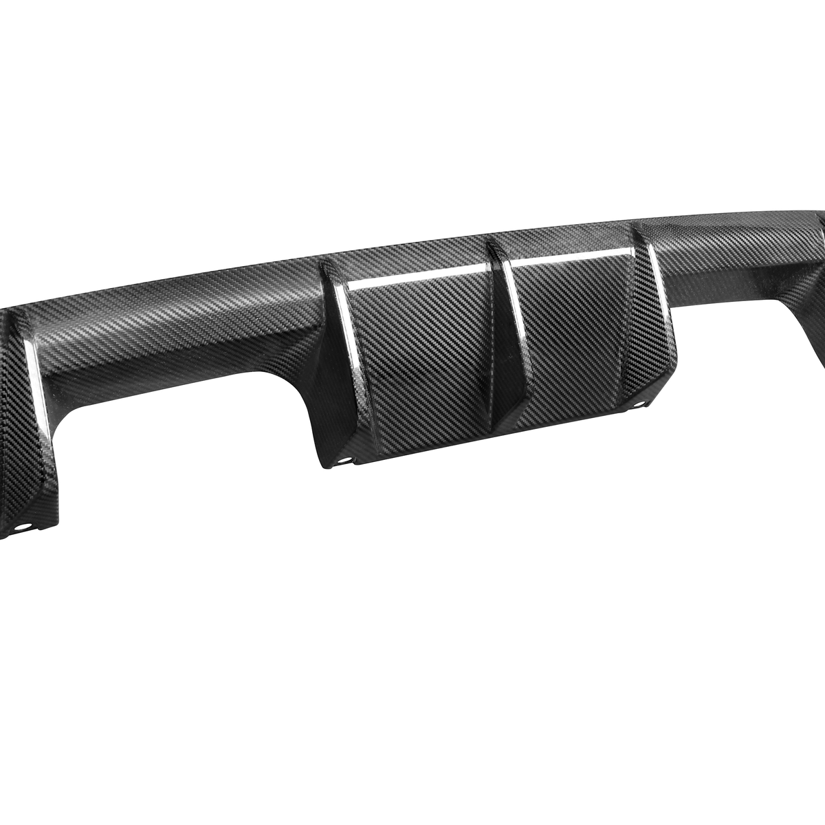 A sleek carbon fiber car bumper, designed with aerodynamic lines and a glossy finish, is positioned against a plain white background.