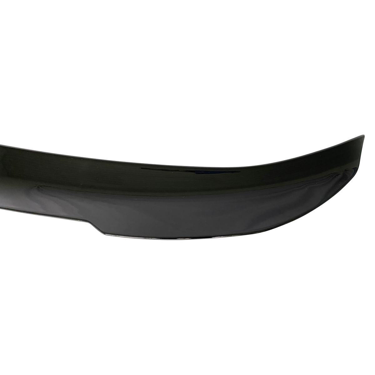 A black car spoiler with a smooth, glossy finish is shown, featuring a slightly curved design, set against a plain white background.