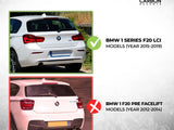 A comparison of two white BMW cars' rear views. The top car is labeled correct for BMW 1 Series F20 LCI (2015-2019). The bottom car is incorrect for BMW 1 F20 Pre Facelift (2012-2014). Text: 