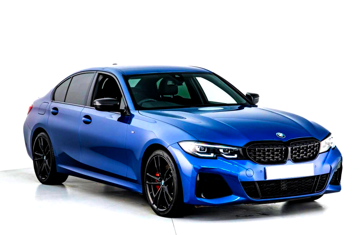 A blue sedan with sleek, aerodynamic design and black alloy wheels, rests on a glossy white background, highlighting its modern sporty features. No text present.