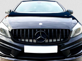 A black car with a prominent front grille features a Mercedes emblem, parked on an asphalt surface. License plate reads: 