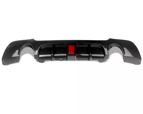Carbon fiber car diffuser featuring an integrated red rectangular light. Set against a plain white background, highlighting its sleek and glossy design.