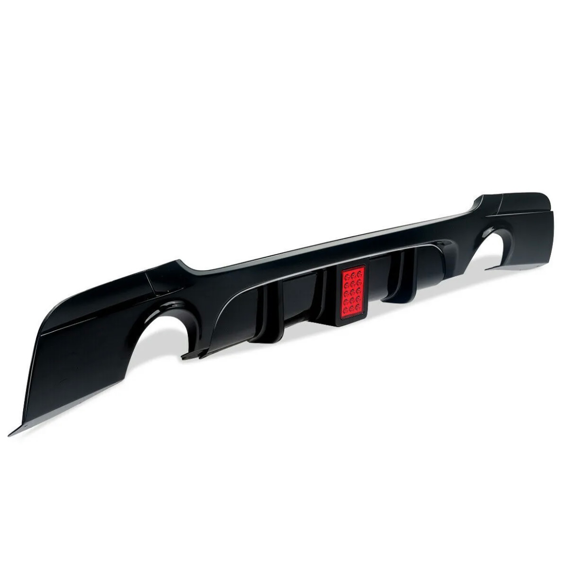 A black car rear diffuser with aerodynamic fins features a central red light, sitting isolated on a plain white background.