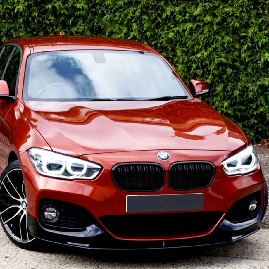 Red BMW car parked, facing forward, with headlights on; in front of a green hedge, on a paved surface.
