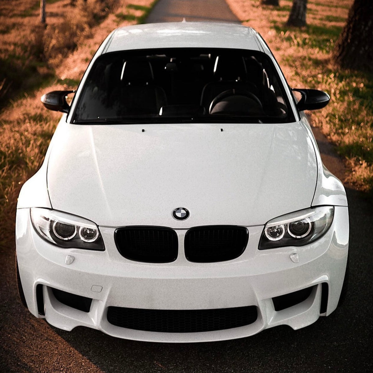 A white BMW car is parked on a rural road with grassy fields on either side, under a warm evening light.