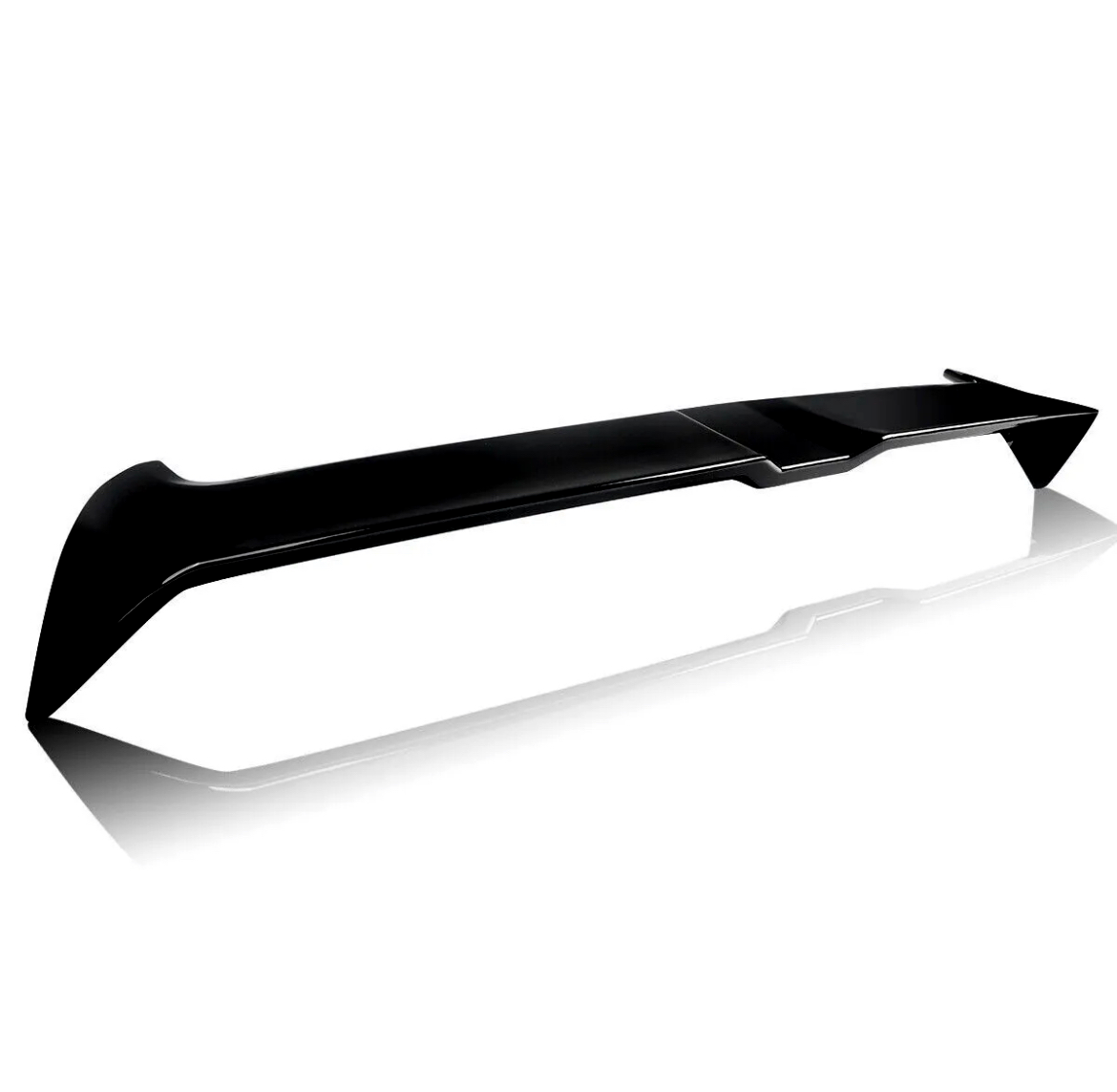 A sleek black car spoiler rests on a reflective white surface, showcasing its aerodynamic design and angled edges.