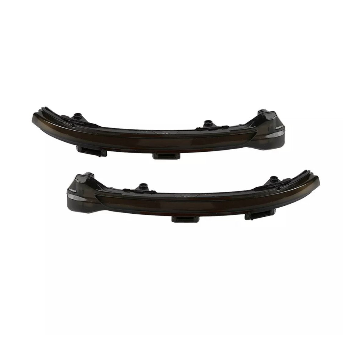 Two curved, black automotive LED turn signal lights are shown against a plain white background. They are designed for vehicle side mirrors and lack any visible text.