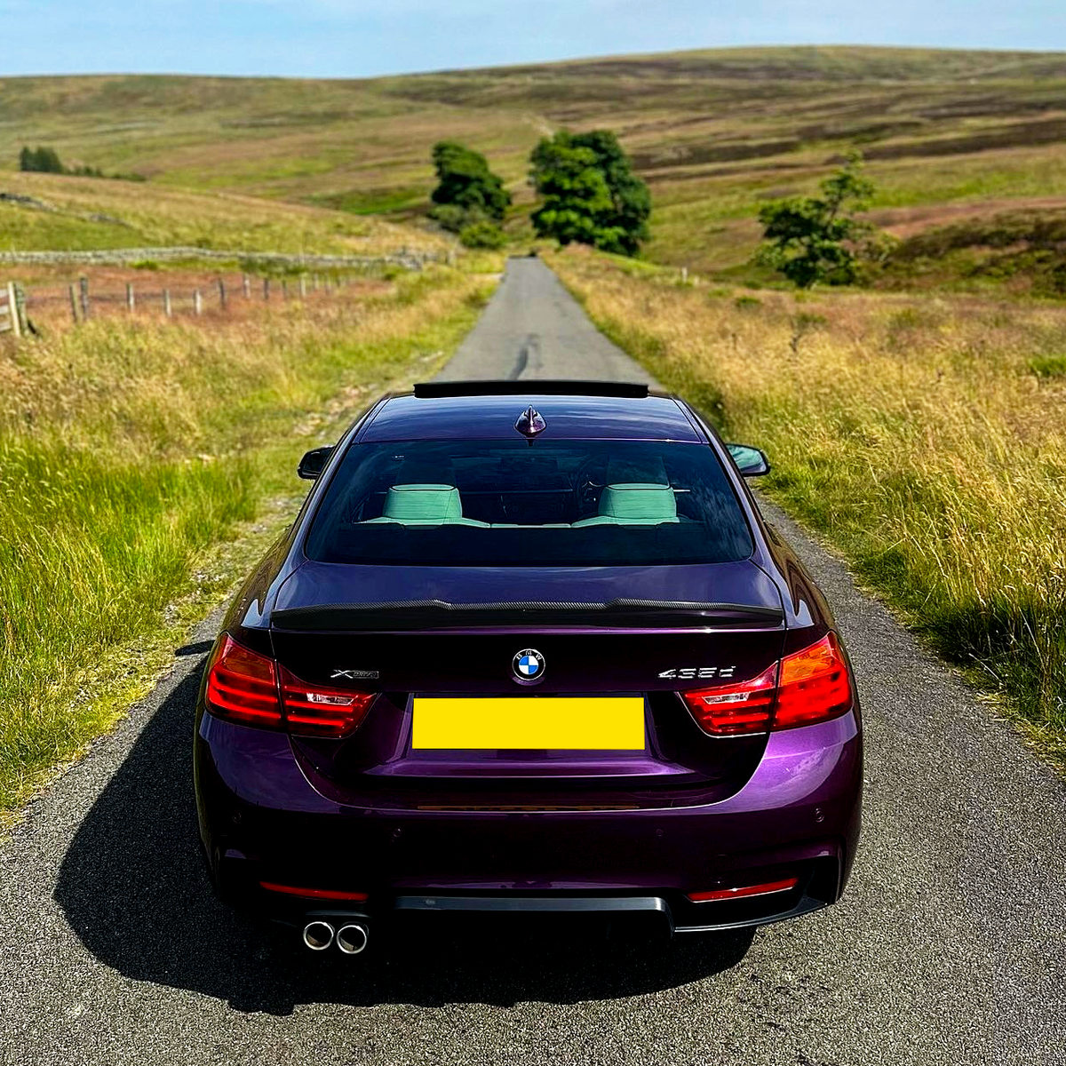 A purple BMW car is parked on a narrow countryside road, surrounded by grassy fields and distant hills under a clear sky.