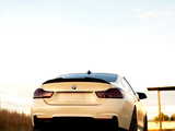 A white BMW car is parked on a dirt road during sunset, surrounded by open fields and a clear sky with a wooden structure in the background.