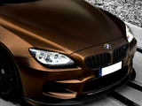 A bronze BMW car is parked, featuring illuminated headlights. It is positioned on a concrete path bordered by gravel. The license plate reads 