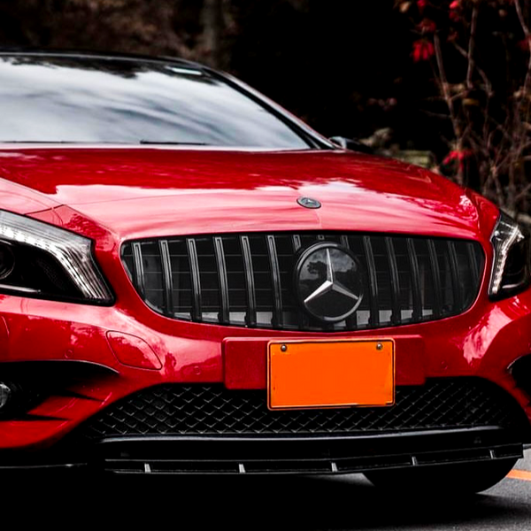 A red car with a prominent front grille and logo sits on a road, surrounded by blurred trees. An orange license plate is attached to the front.