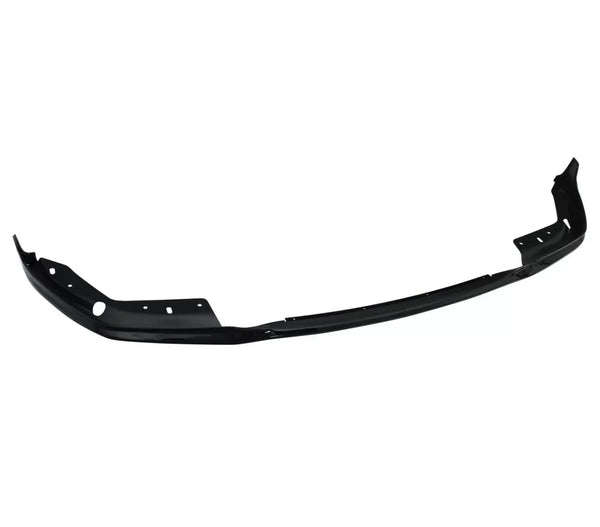 A black, curved car bumper with mounting holes spans horizontally against a plain white background.