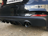 A car's rear bumper with two exhaust pipes and a diffuser. The text 