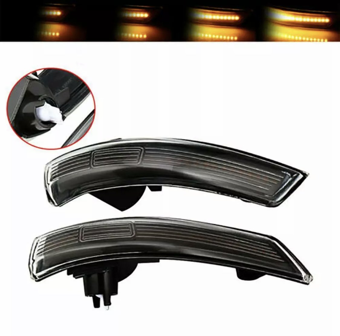 Curved LED car turn signal lights illuminated sequentially, displayed against a dark background. Inset shows close-up of the connector plug.