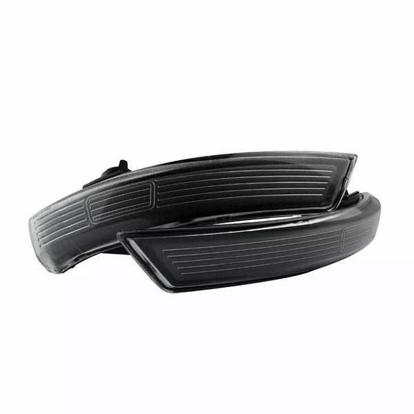A pair of sleek, black car side mirror indicators with aerodynamic lines, positioned against a plain white background.