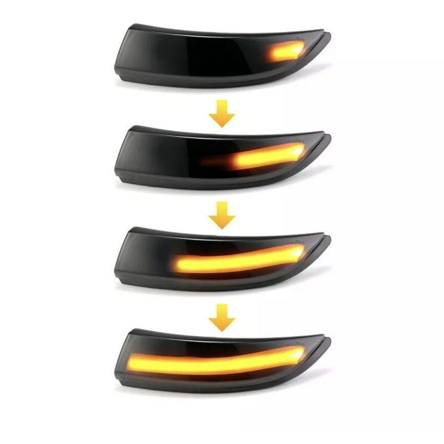 Sequential images of a car turn signal light gradually increasing in illumination from dim to bright, within a streamlined black housing, depicted against a plain white background. Yellow arrows indicate progression.