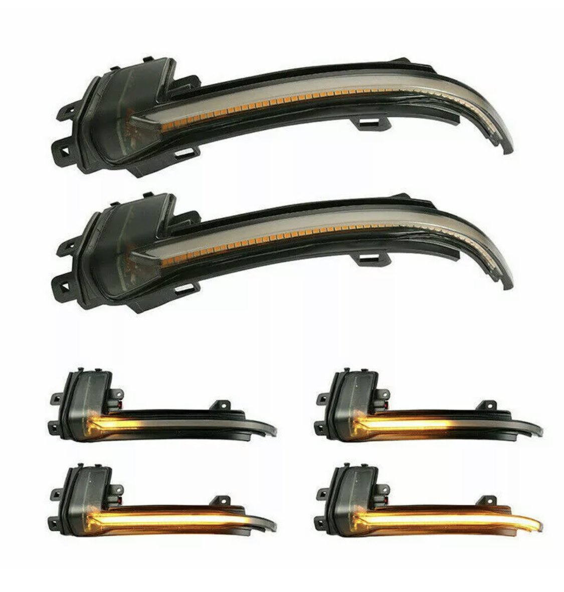 Curved LED car indicator lights are shown both unlit and illuminated in amber, displayed against a white background. Various mounting brackets are attached to the lights.