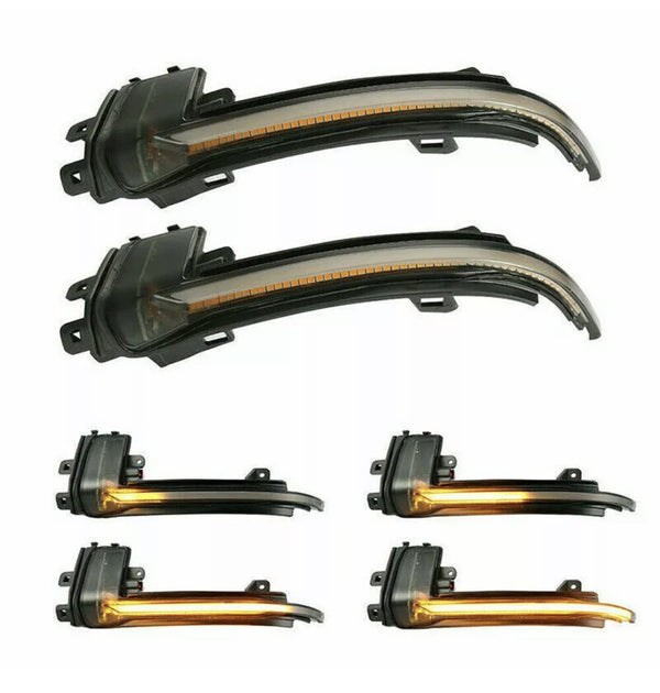 Curved automotive LED turn signals are displayed in top and front views, with some illuminated in orange, against a plain white background.