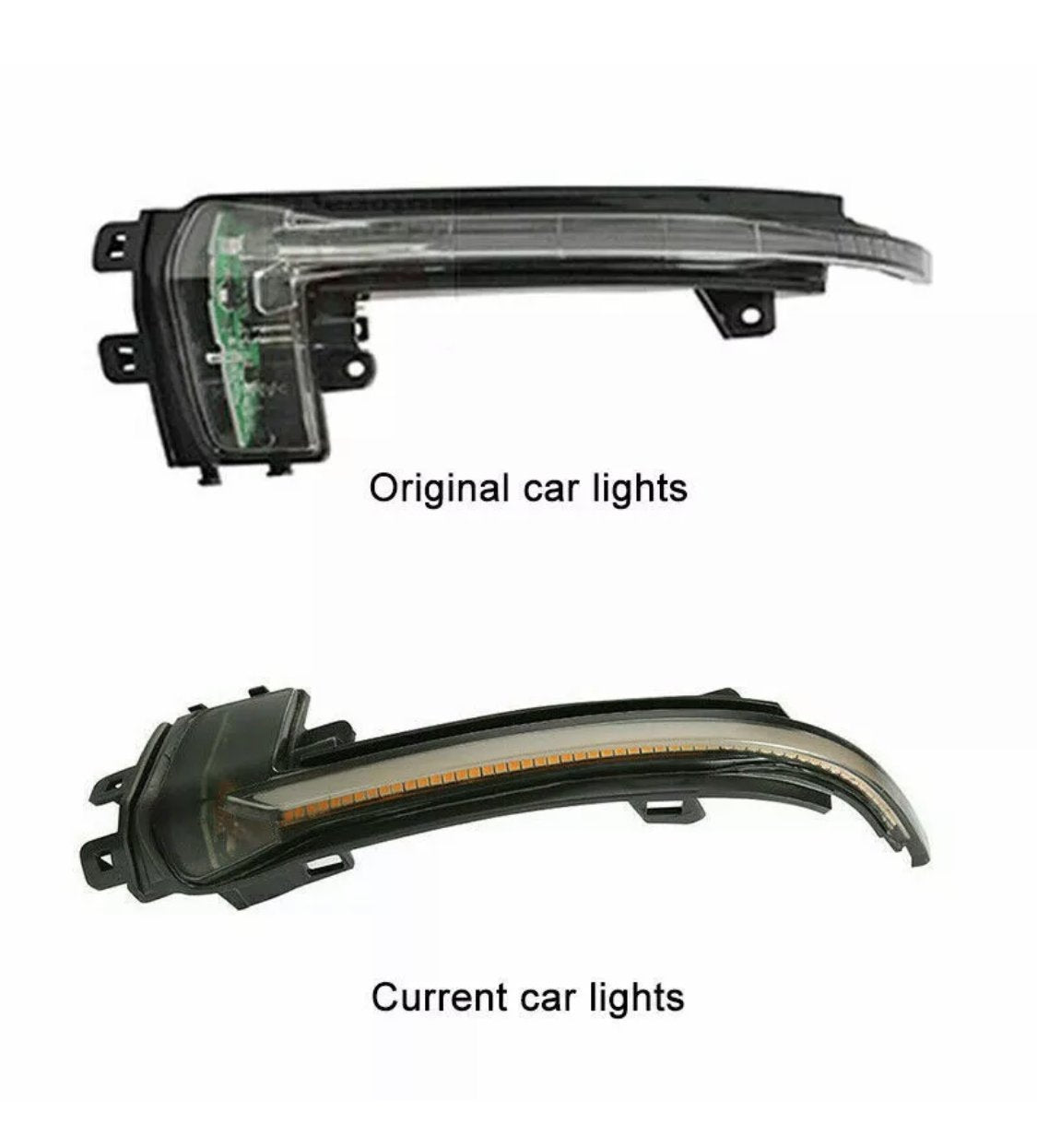 Top car light: clear, rectangular-shaped with visible circuit board. Text: "Original car lights." Bottom car light: curved, with integrated LED strip. Text: "Current car lights." Both against white background.