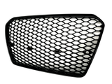 A black, hexagonal-patterned car grille with a shiny finish is displayed against a plain white background. The grille features a smooth, sleek design with no additional text or markings.
