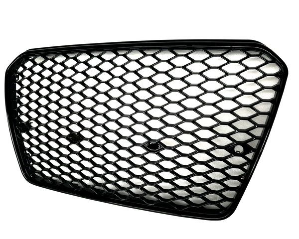 A black, hexagonal-patterned car grille with a shiny finish is displayed against a plain white background. The grille features a smooth, sleek design with no additional text or markings.