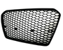 A black, hexagonal-patterned car grille with a shiny finish is displayed against a plain white background. The grille features a smooth, sleek design with no additional text or markings.