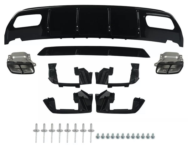 Car diffuser kit laid out; includes black diffuser panel, two metallic exhaust tips, multiple black mounting brackets, and a set of screws and rivets. Placed against a white background.