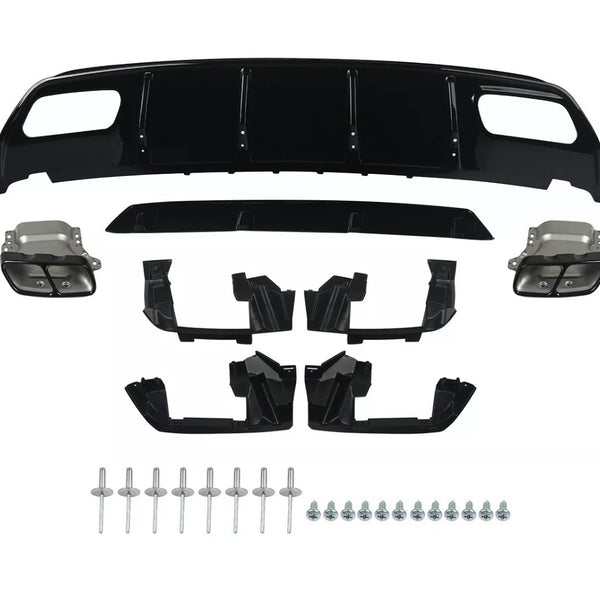 Car diffuser kit laid out; includes black diffuser panel, two metallic exhaust tips, multiple black mounting brackets, and a set of screws and rivets. Placed against a white background.