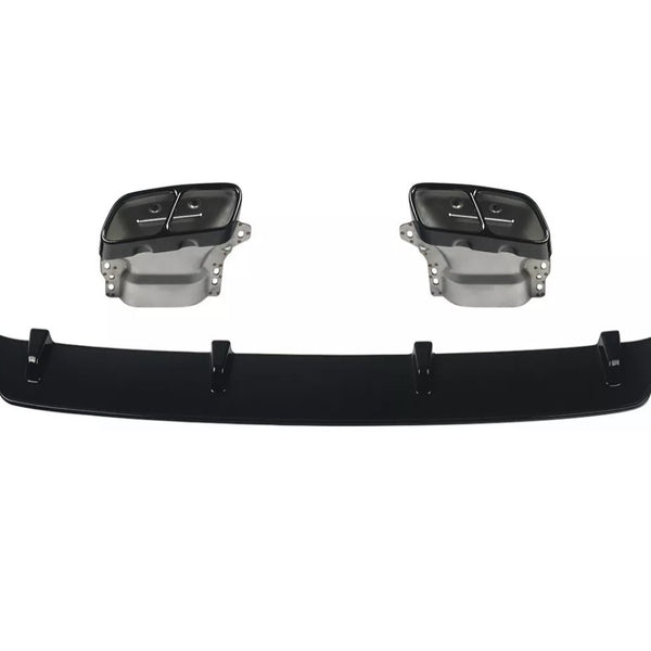 Two rectangular exhaust tips are positioned above a black rear diffuser with vertical fins, isolated against a plain white background.