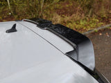 A car roof features a black roof spoiler attached to the rear. The vehicle is parked near a grassy area with trees in the background.