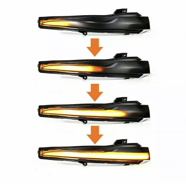 Four sequential images of a car turn signal light with an orange LED strip gradually illuminating from left to right. Each image is separated by a downward orange arrow.