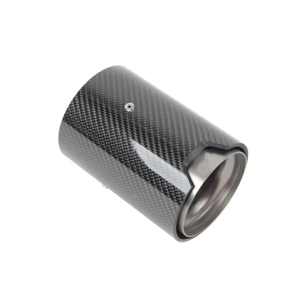 A cylindrical carbon fiber car exhaust tip with a metallic interior sits on a plain white background, featuring a small, central mounting screw.