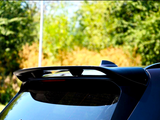 A black car spoiler is mounted on the rear of a vehicle, reflecting sunlight. The setting is outdoors, with blurred green foliage in the background.
