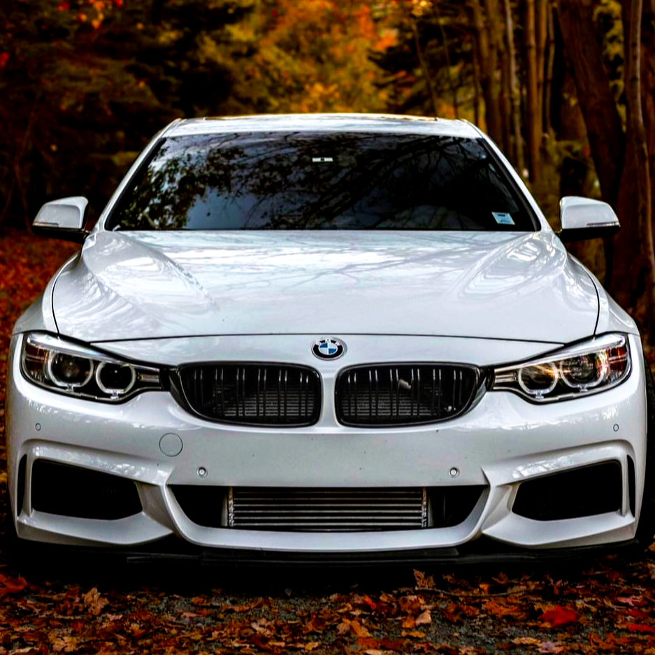 A white BMW car sits stationary on a leaf-covered ground, surrounded by autumn trees with colorful foliage.