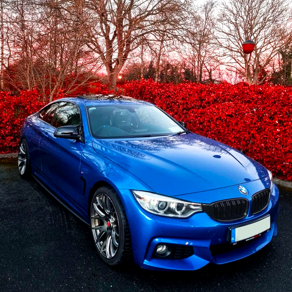 A blue sports car is parked on a dark road, surrounded by vibrant red bushes and bare trees under a pink sky at dusk.