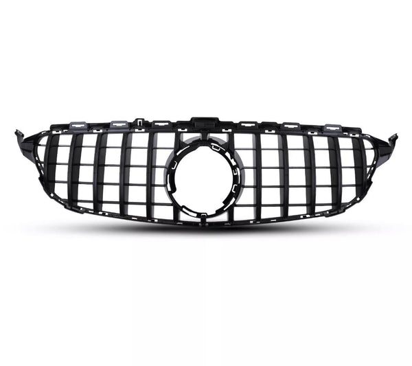 A black car grille with vertical and horizontal slats is positioned against a plain white background, featuring a central circular emblem space, suggesting automotive design.