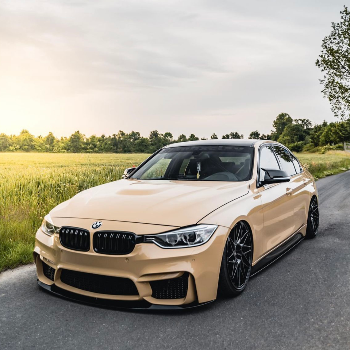 A sleek, beige BMW car parked on a rural road beside green fields during sunset, with trees visible in the background, under a partly cloudy sky.