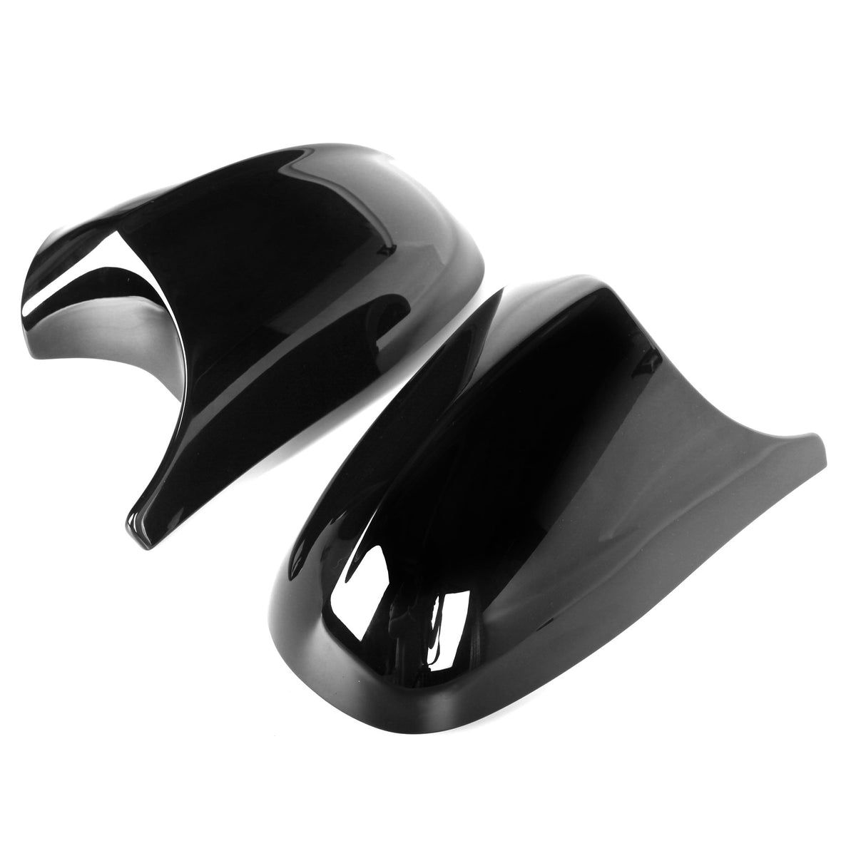 Two sleek, black plastic mirror covers rest on a white background, showcasing a glossy finish with smooth curves and aerodynamic design.