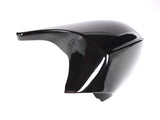 A sleek, black, glossy car mirror cover lies against a white background, showcasing its aerodynamic shape and smooth surface.