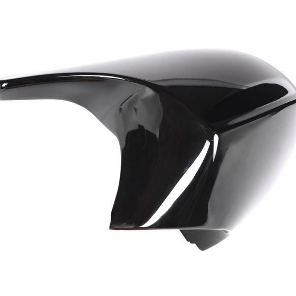 A sleek, black, glossy car mirror cover lies against a white background, showcasing its aerodynamic shape and smooth surface.