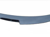 A glossy, curved black car spoiler, smoothly finishes in pointed edges, placed against a white background.