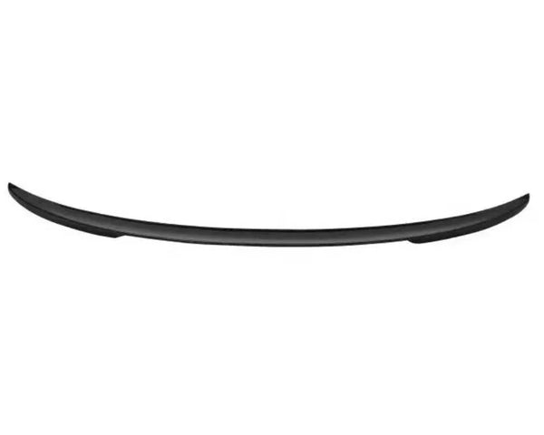 A curved, black plastic spoiler designed for vehicle aerodynamics, centrally positioned against a plain, white background.