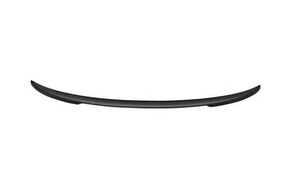 A curved, black plastic spoiler designed for vehicle aerodynamics, centrally positioned against a plain, white background.